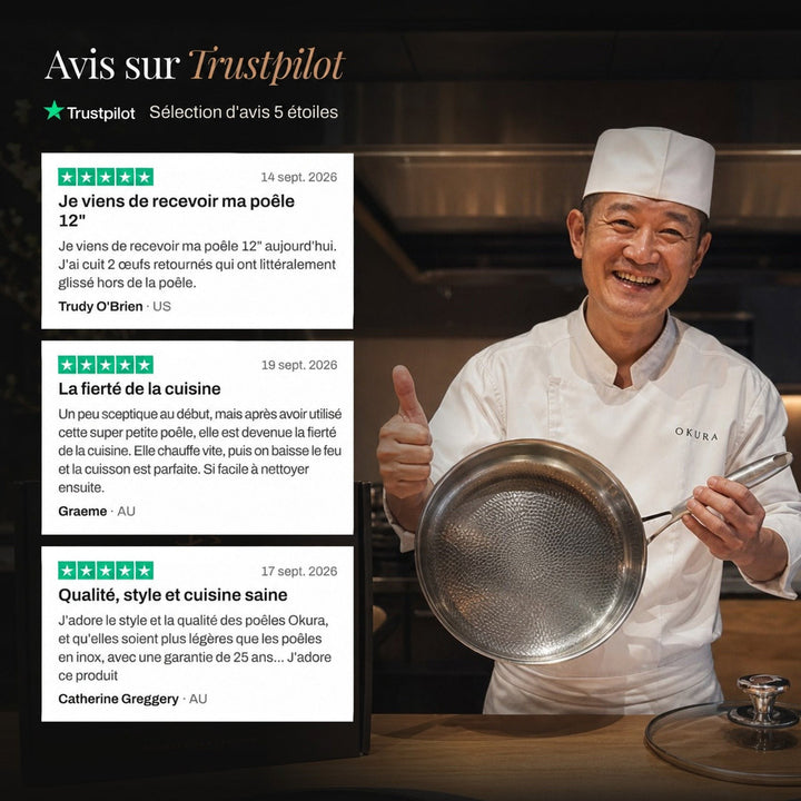 Cuisinier souriant en tenue blanche, pouce levé, présentant une poêle martelée, avec des avis clients à côté 7