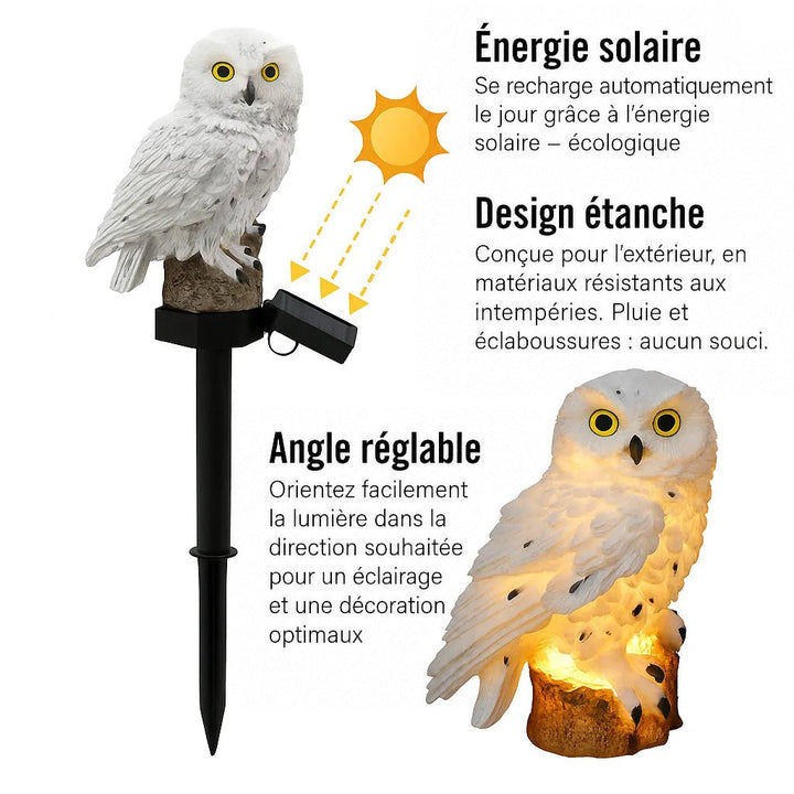 Hibou blanc sur son pique noir avec panneau solaire orientable, flèches de rayons de soleil et gros plan du hibou allumé en bas. 3