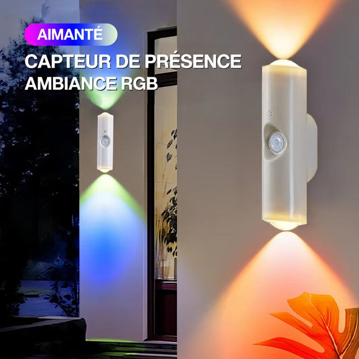 Lampe blanche fixée à un mur diffusant des faisceaux colorés vers le haut et le bas, à l'extérieur 7