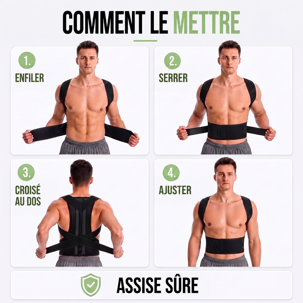 Quatre étapes de mise en place du correcteur noir par un homme : enfiler, serrer, croiser les sangles dans le dos, ajuster. 8