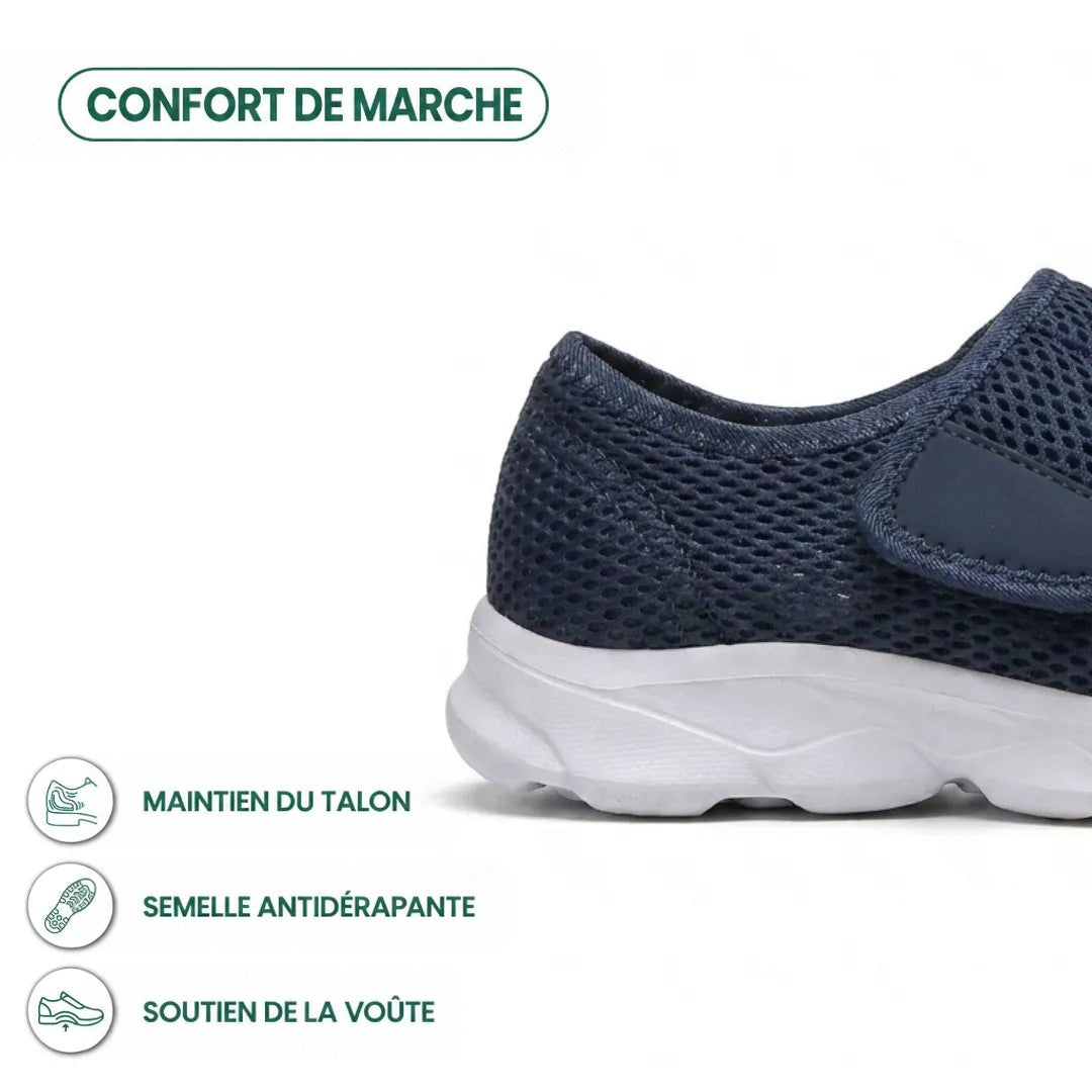 Gros plan sur le talon bleu marine et la semelle blanche, avec icônes de soutien du talon, antidérapant et voûte plantaire. 4