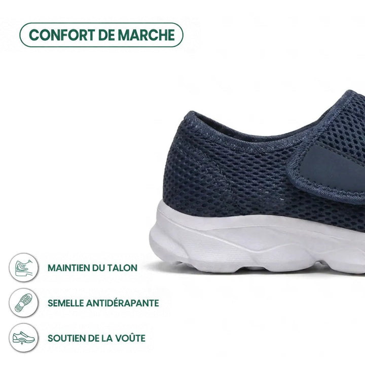 Gros plan sur le talon bleu marine et la semelle blanche, avec icônes de soutien du talon, antidérapant et voûte plantaire. 4