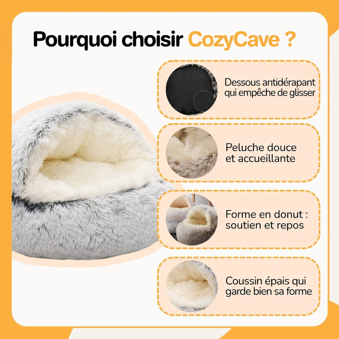Visuel de présentation du panier gris avec quatre détails en médaillons : dessous antidérapant, peluche douce, forme donut et coussin épais. 5