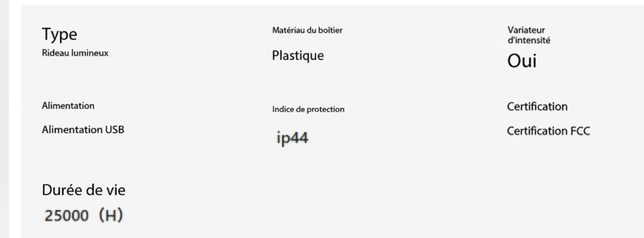 Tableau de caractéristiques techniques: boîtier plastique, alimentation USB, protection IP44, variation de luminosité, durée 10