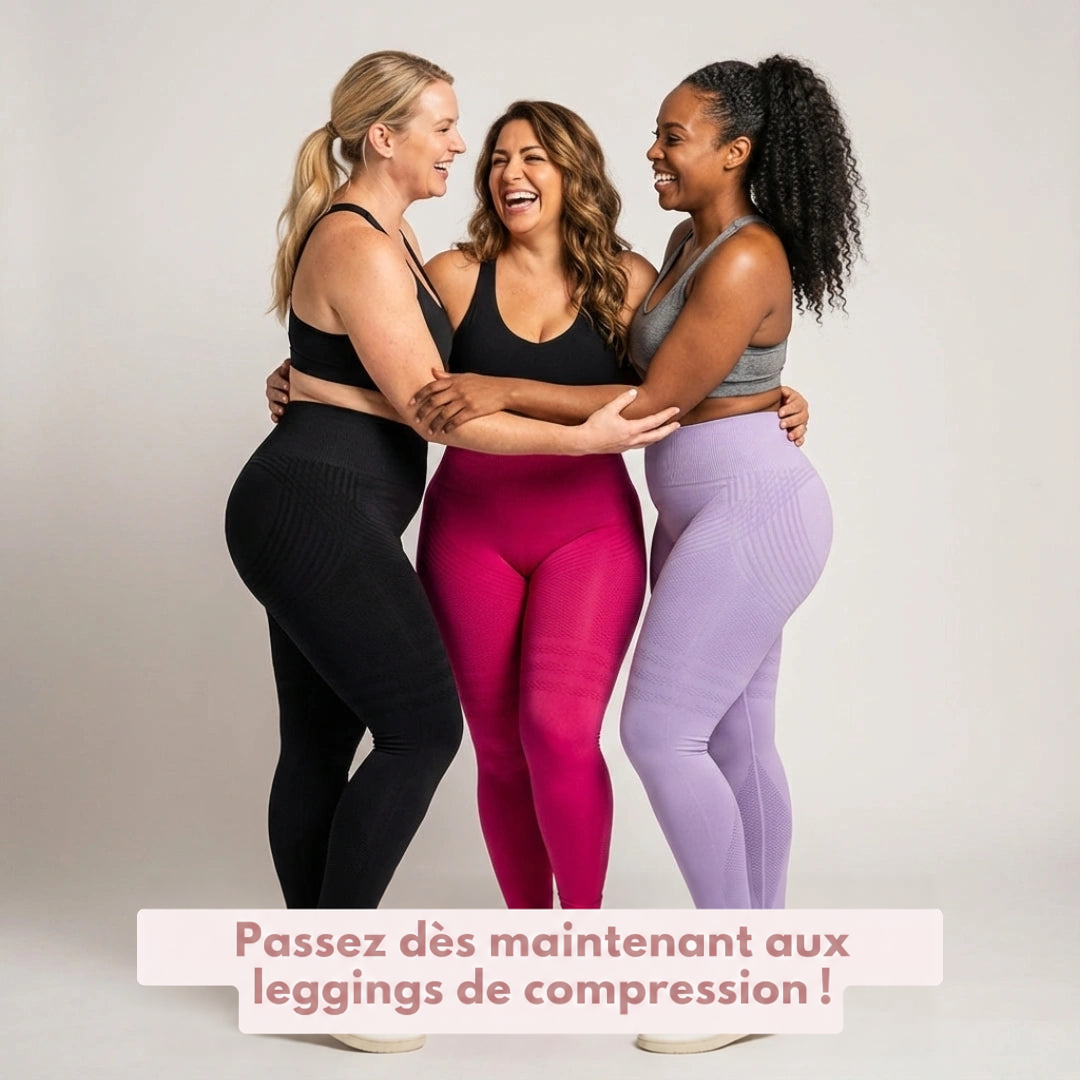 Trois femmes souriantes enlacées, en leggings taille haute noir, rose framboise et lilas avec brassières de sport, sur fond gris clair. 20