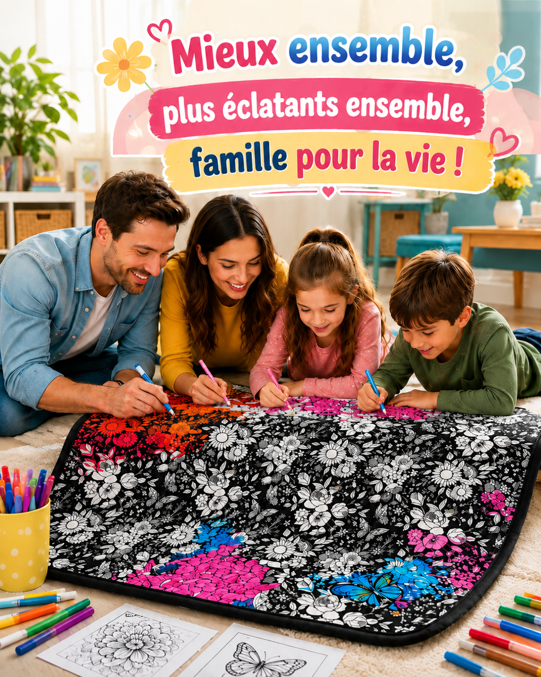 Famille de quatre allongée au sol, coloriant à plusieurs la couverture noire à motifs de fleurs, en partie colorée 3