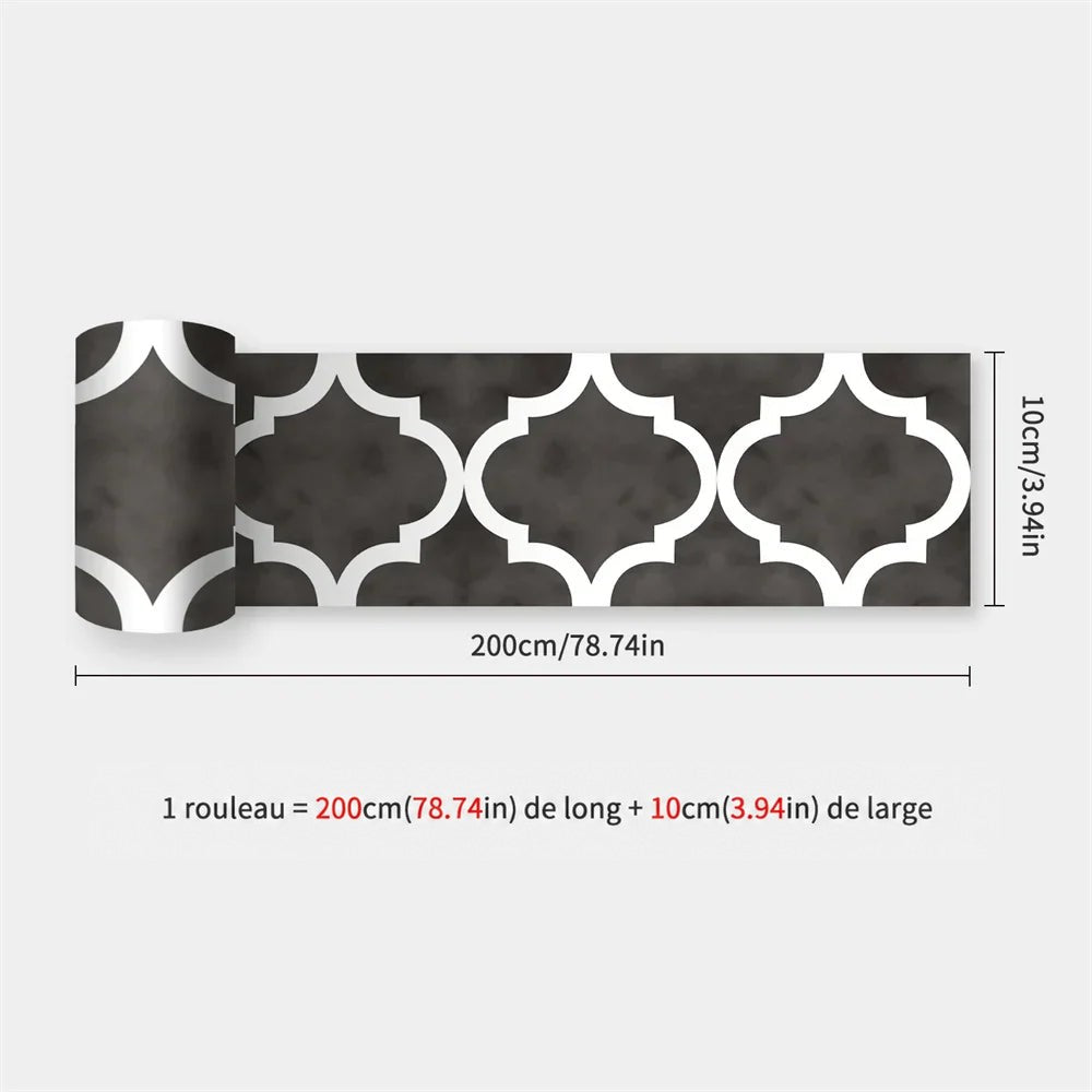 Rouleau gris anthracite orné de grands motifs blancs en forme de lanterne, avec dimensions indiquées 50