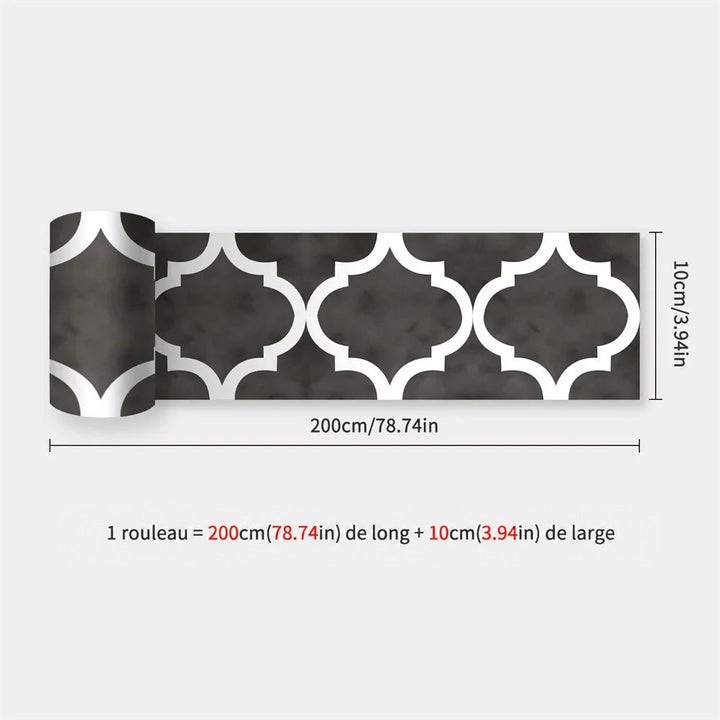 Rouleau gris anthracite orné de grands motifs blancs en forme de lanterne, avec dimensions indiquées 50