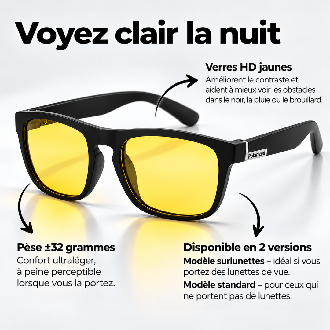 Lunettes jaunes à monture noire mate de style carré, légendées pour les verres HD, le poids léger et les deux variantes. 5