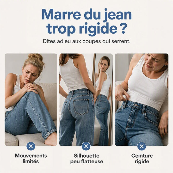 Trois femmes gênées par des jeans rigides, illustrant mouvements limités, coupe peu flatteuse et ceinture serrée. 3