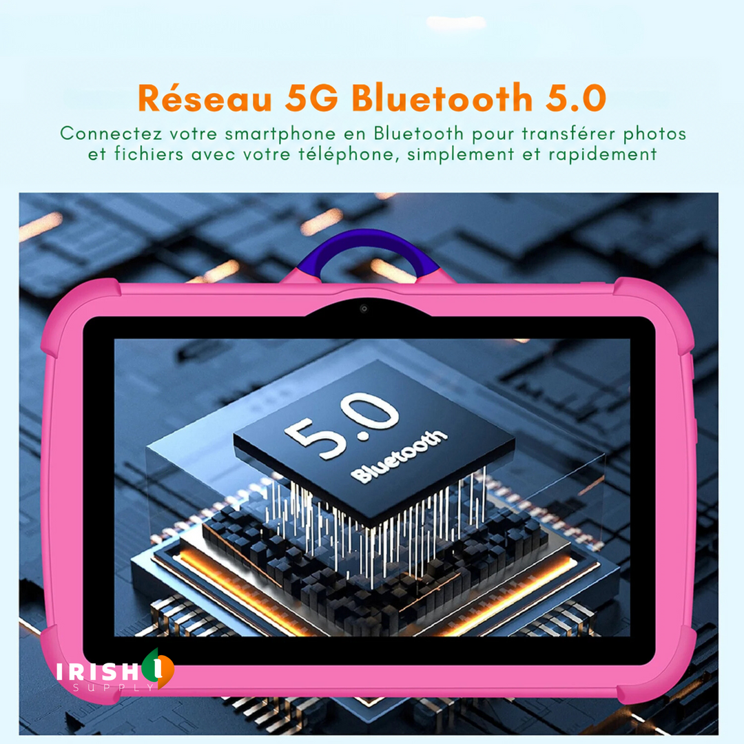 Tablette rose dont l'écran affiche une puce électronique, illustrant la connexion Bluetooth sans fil 4