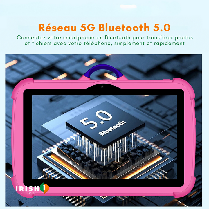 Tablette rose dont l'écran affiche une puce électronique, illustrant la connexion Bluetooth sans fil 4