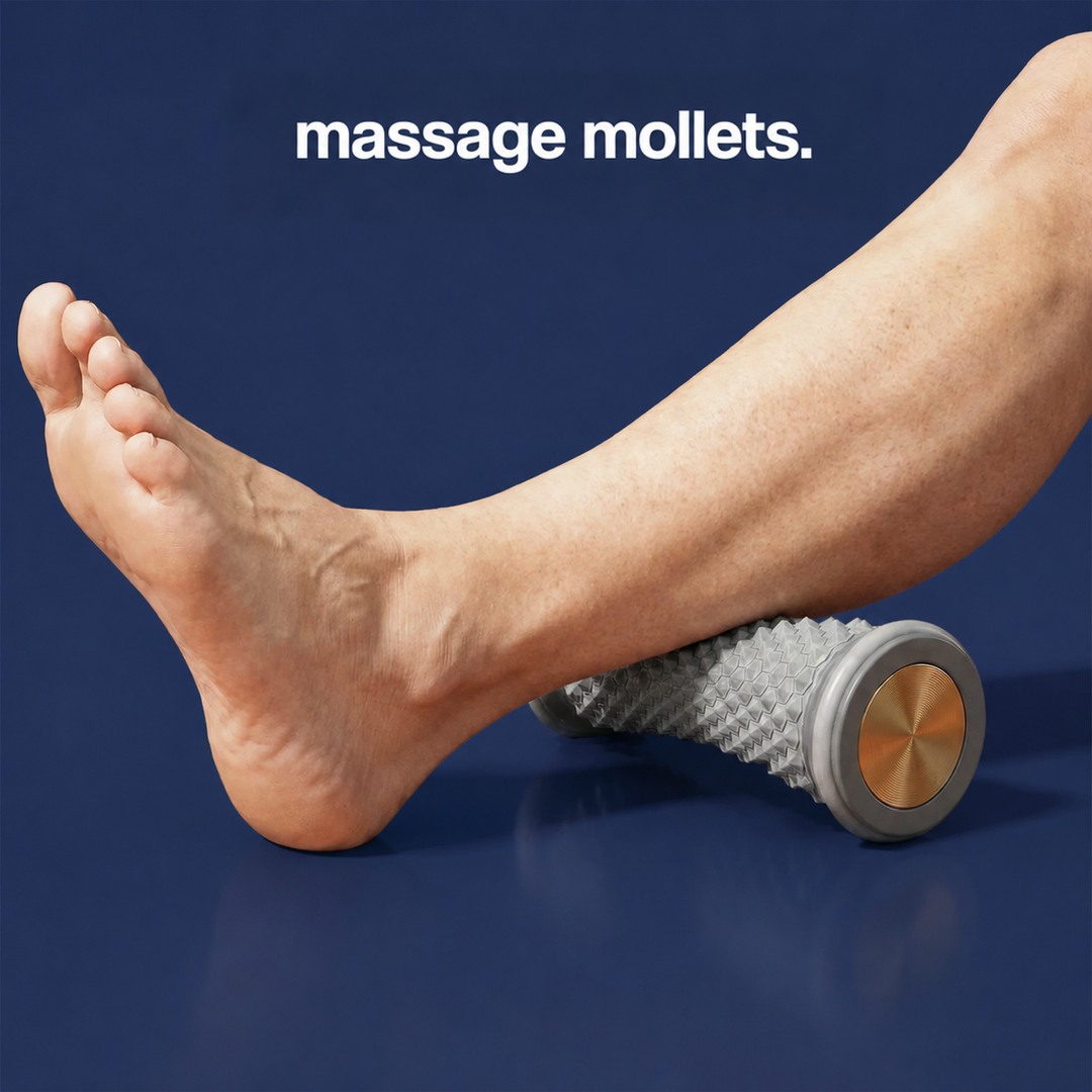 Jambe nue dont le mollet repose sur le rouleau gris à picots pour un massage 3