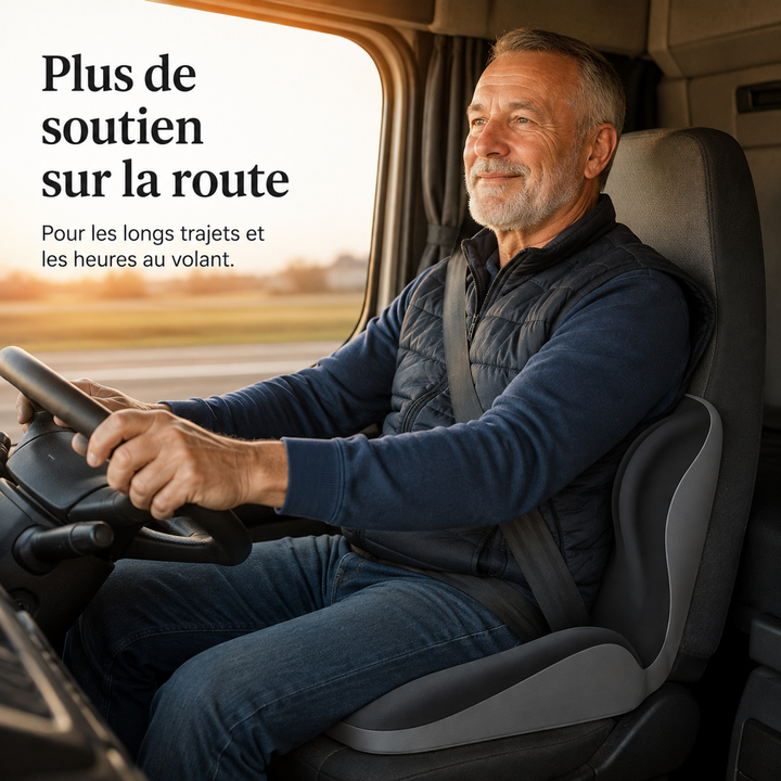 Conducteur de camion souriant, le coussin gris placé sur le siège pour le dos 5