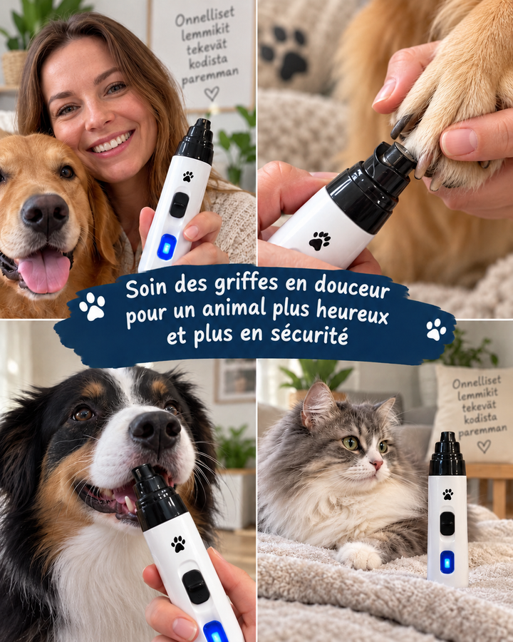 Collage de quatre scènes: femme avec son chien, ponçage de griffes, berger australien et chat 13