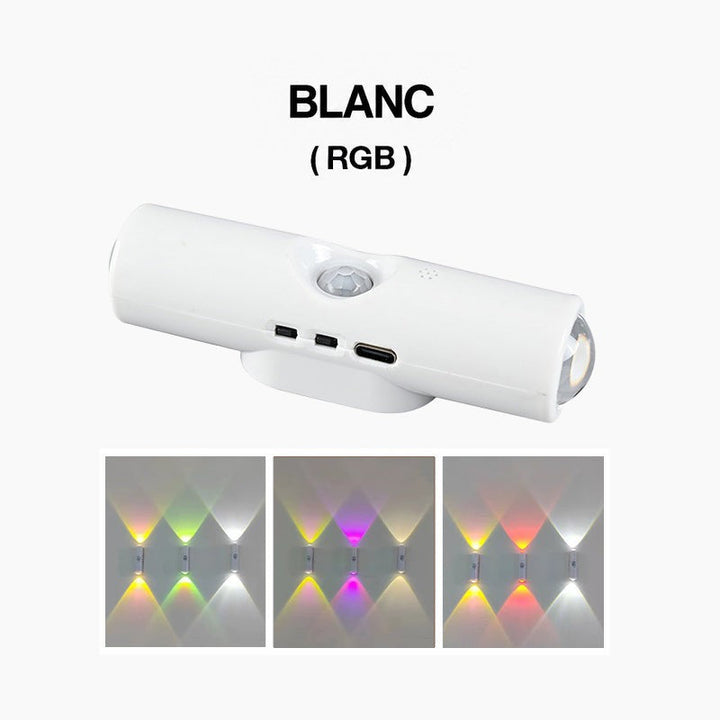 Lampe blanche cylindrique avec détecteur et prise USB-C, et trois exemples d'éclairage multicolore sur le mur 2