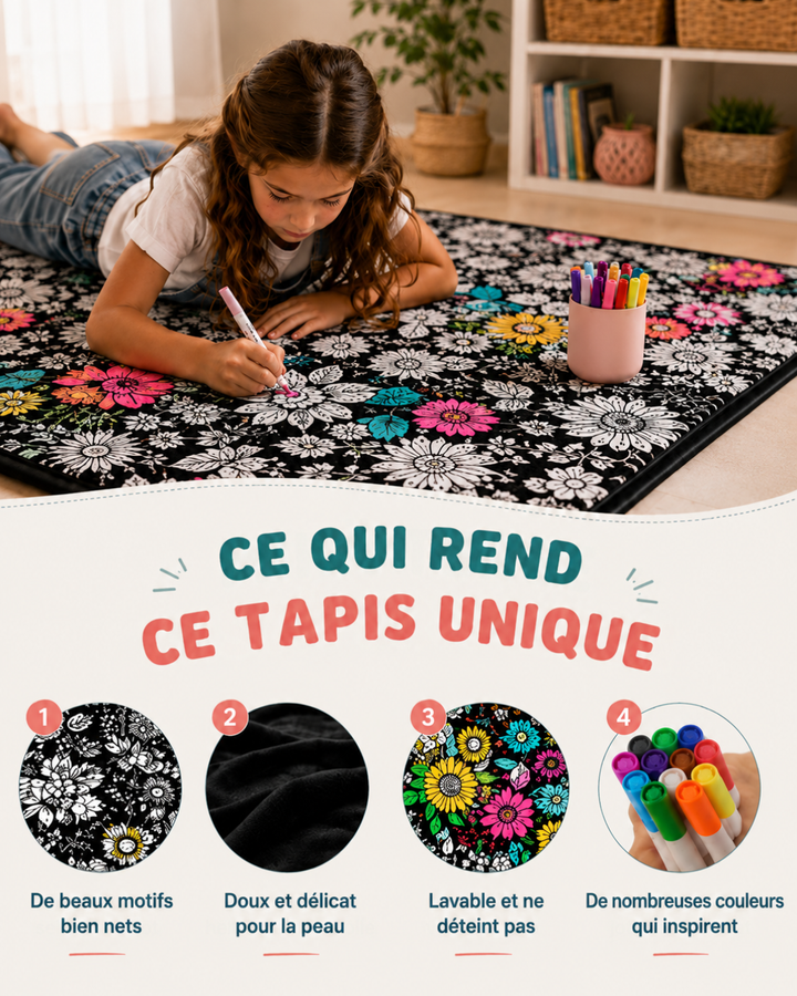 Fillette allongée coloriant la couverture à fleurs avec un feutre, et quatre vignettes de détails: motif, douceur, couleurs 6