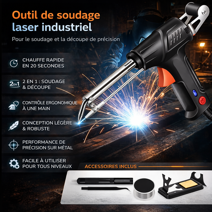 Visuel de présentation avec liste d'atouts de l'outil, étincelles de soudure et accessoires inclus : pompe à dessouder, pince, bobine et support. 3