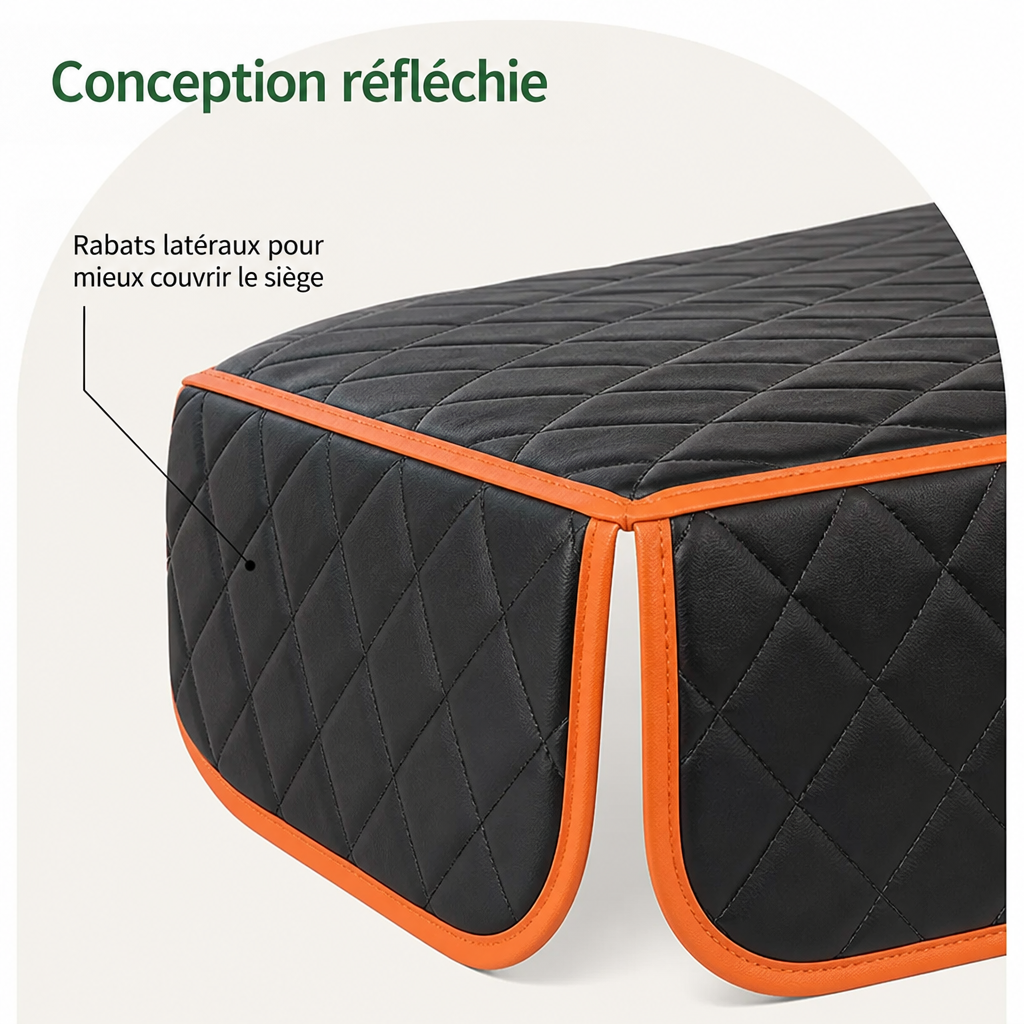 Détail d'un coin de la housse avec ses rabats latéraux fendus qui couvrent les côtés de l'assise, liseré orange visible. 4