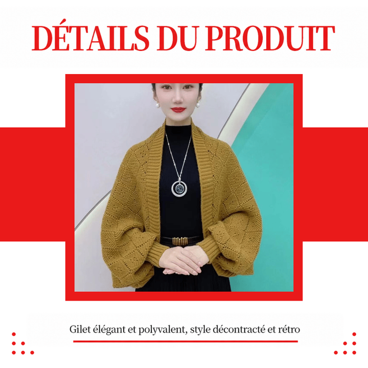 Visuel de détails du cardigan ajouré moutarde porté par un mannequin, encadré de rouge 14