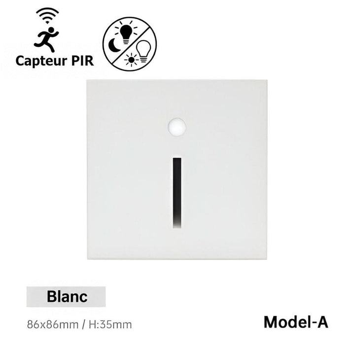 Modèle à fente verticale en blanc, vue de face, avec capteur de mouvement rond au-dessus 9