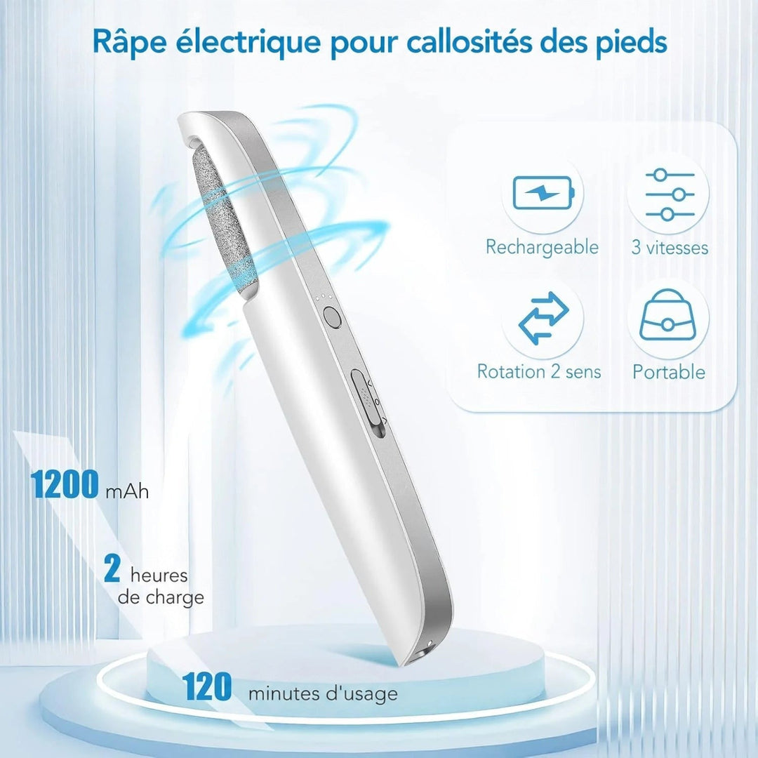 Râpe blanche sur un socle bleu clair, entourée de pictogrammes: rechargeable, trois vitesses, double sens de rotation, portable. 3