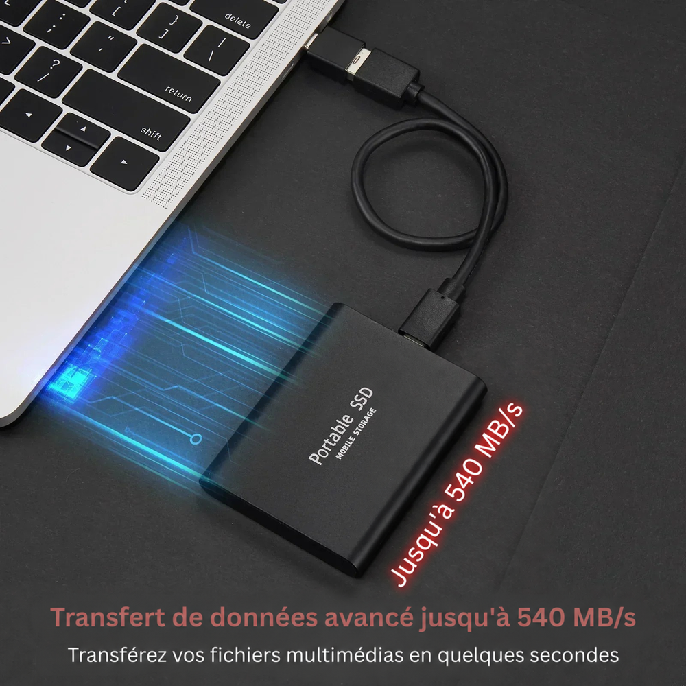 Disque SSD noir relié par câble à un ordinateur portable, avec effet lumineux de transfert rapide 2