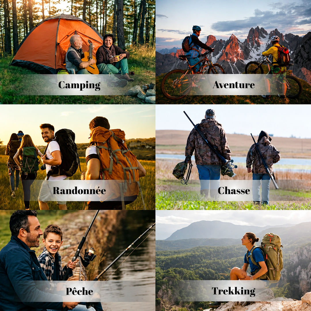 Six scènes d'extérieur: camping, aventure à vélo, randonnée, chasse, pêche et voyage sac au dos 7