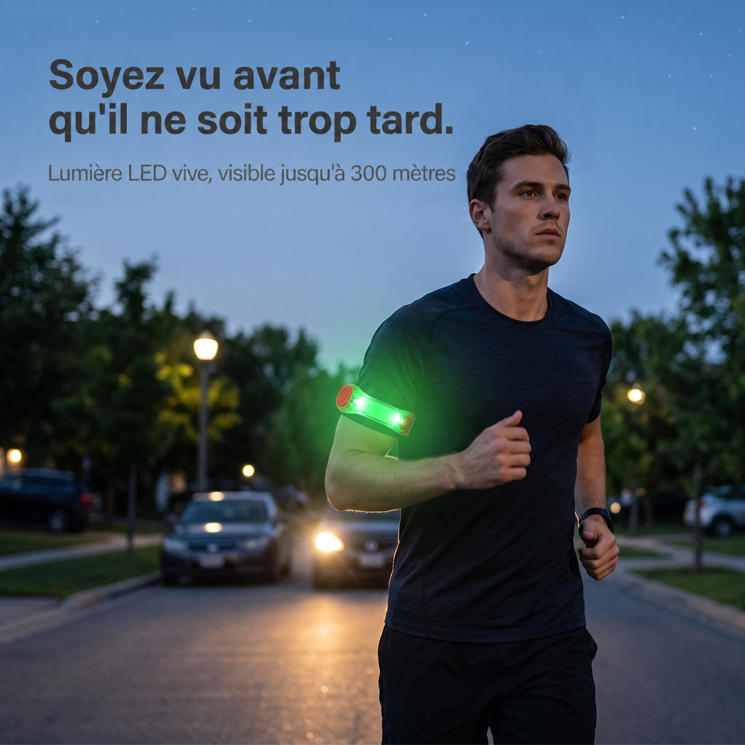 Coureur de nuit dans une rue, brassard lumineux vert allumé sur le haut du bras 2