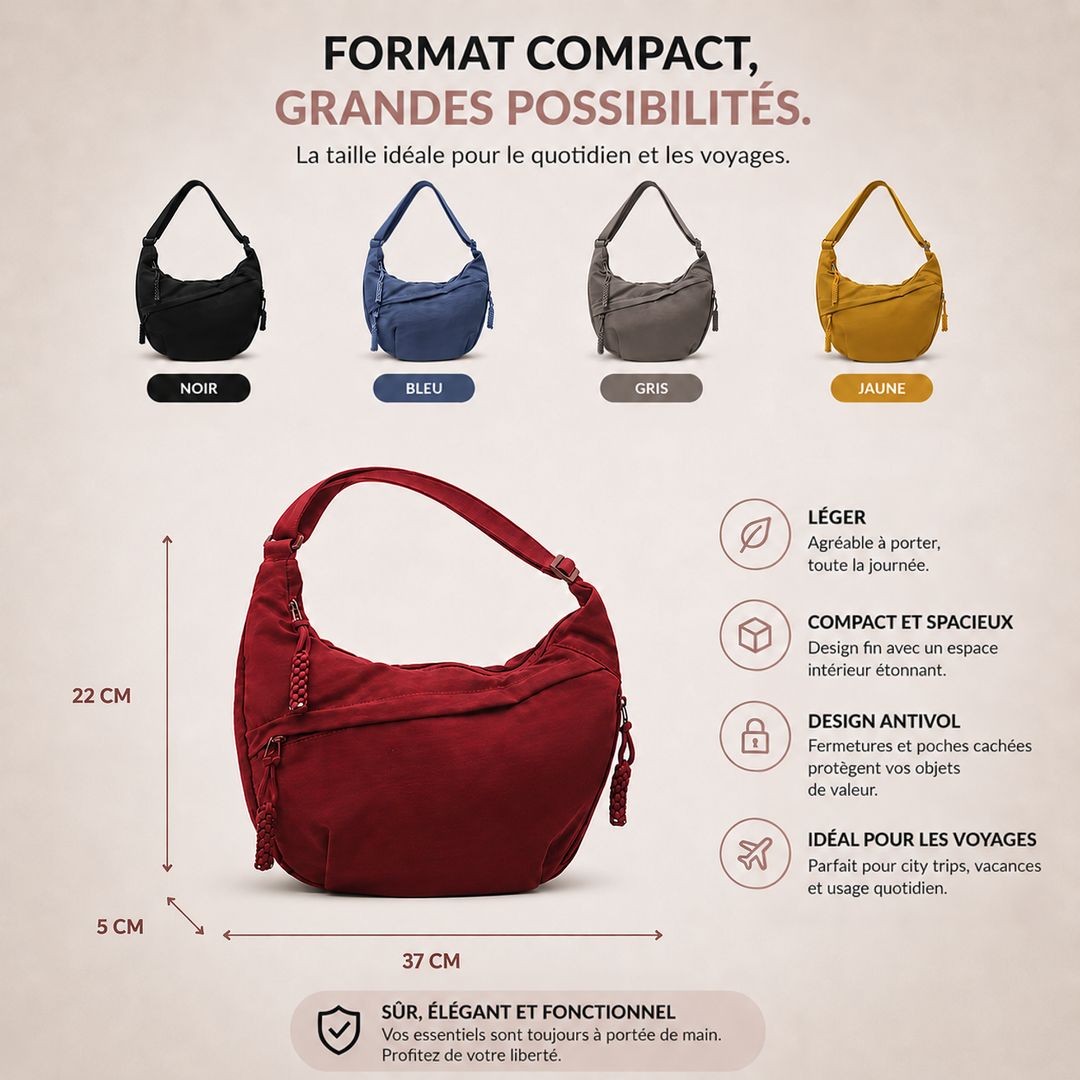 Visuel présentant le sac en quatre coloris, noir, bleu, gris et jaune, avec ses dimensions et ses atouts. 3