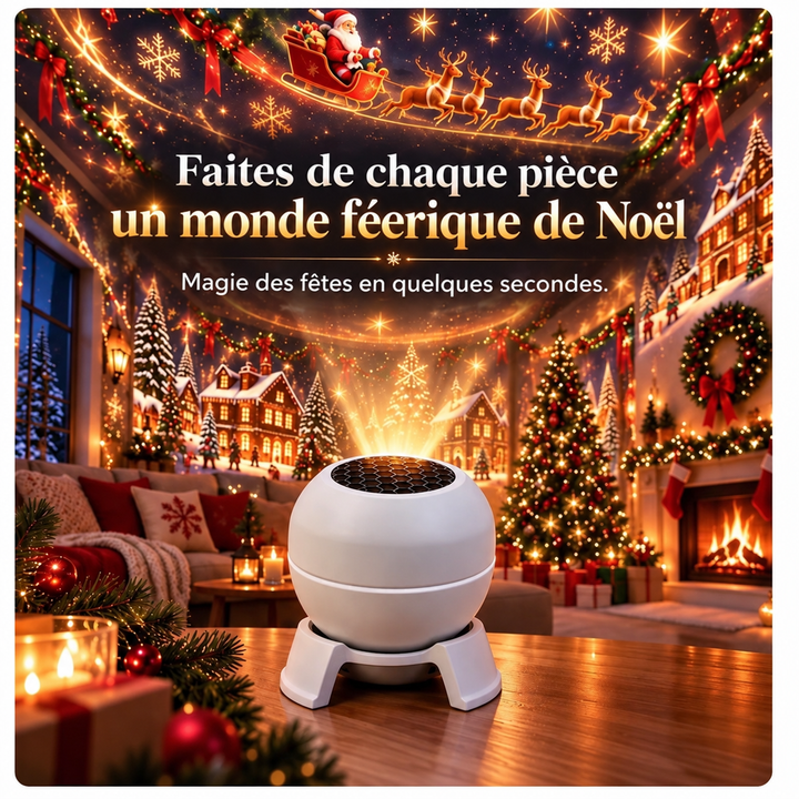Projecteur blanc posé sur une table face à un salon dont les murs sont couverts de motifs de Noël 2