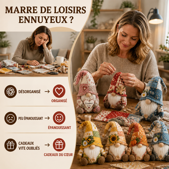 Femme cousant des nains patchwork aux couleurs variées, avec en médaillon une personne ennuyée devant des tissus en désordre 2