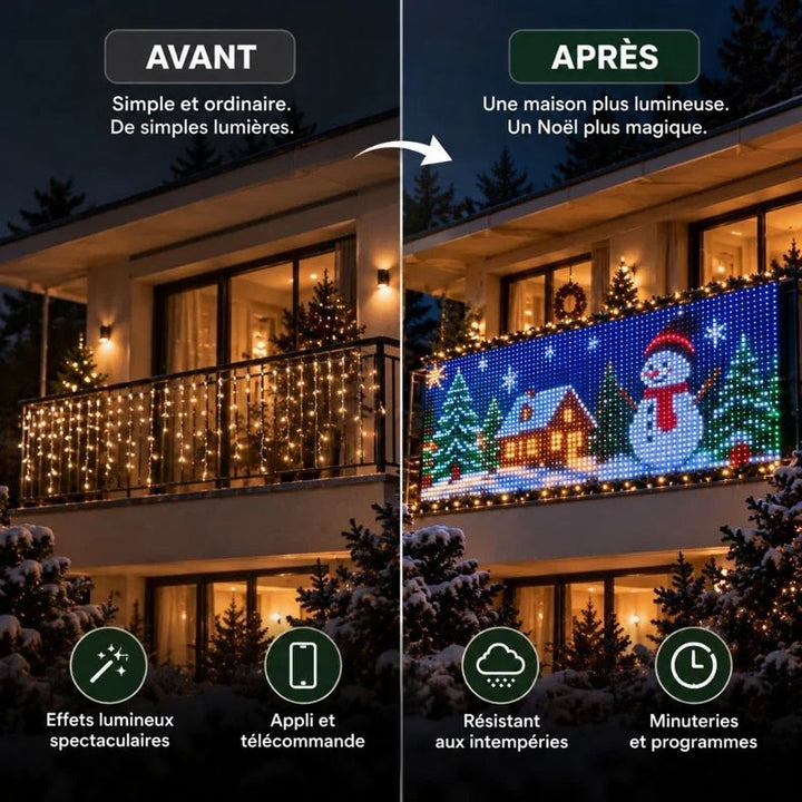 Comparatif avant et après sur un balcon, guirlande simple puis rideau lumineux avec bonhomme de neige 3