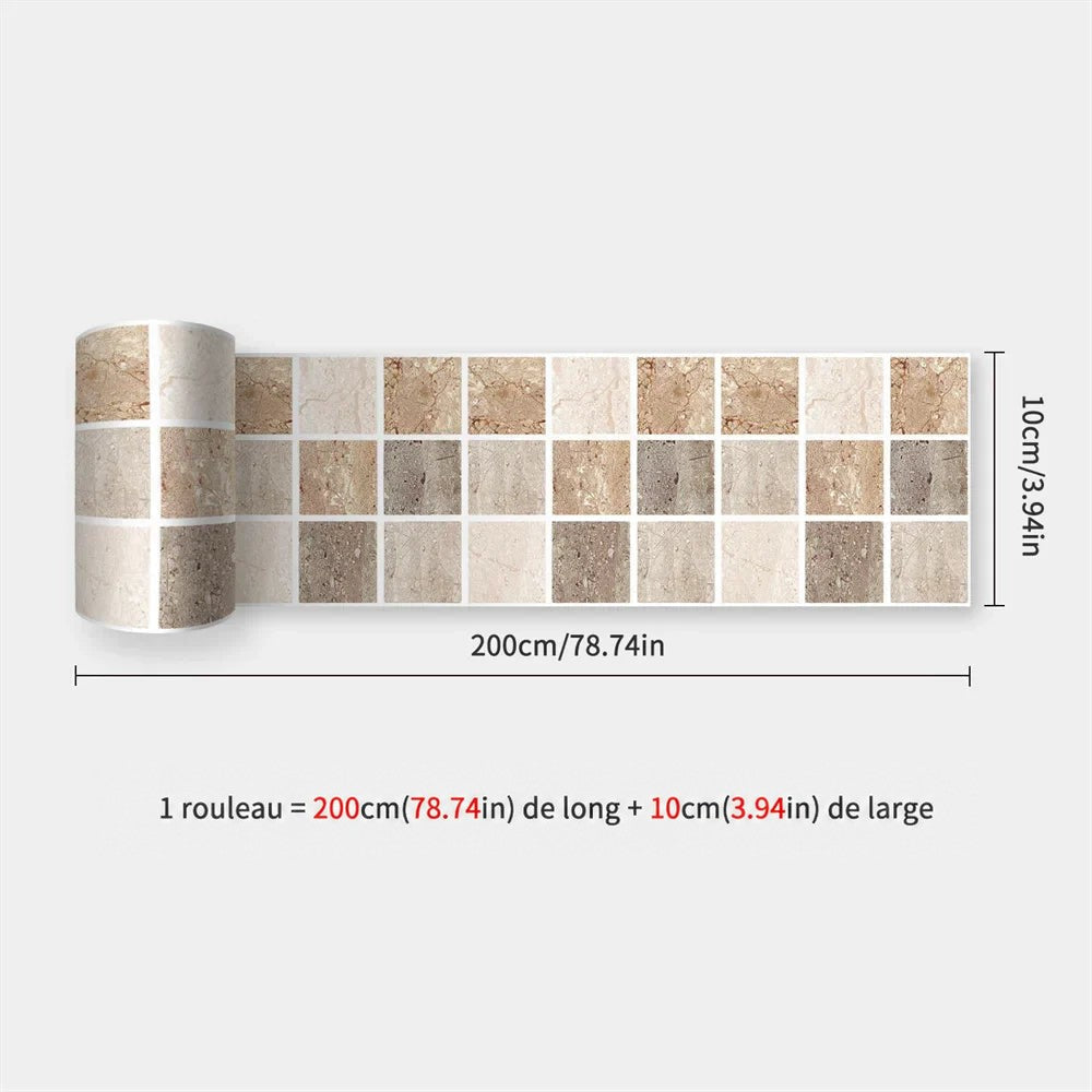 Rouleau à carreaux carrés imitation pierre dans des tons beige, sable et brun, avec dimensions indiquées 46