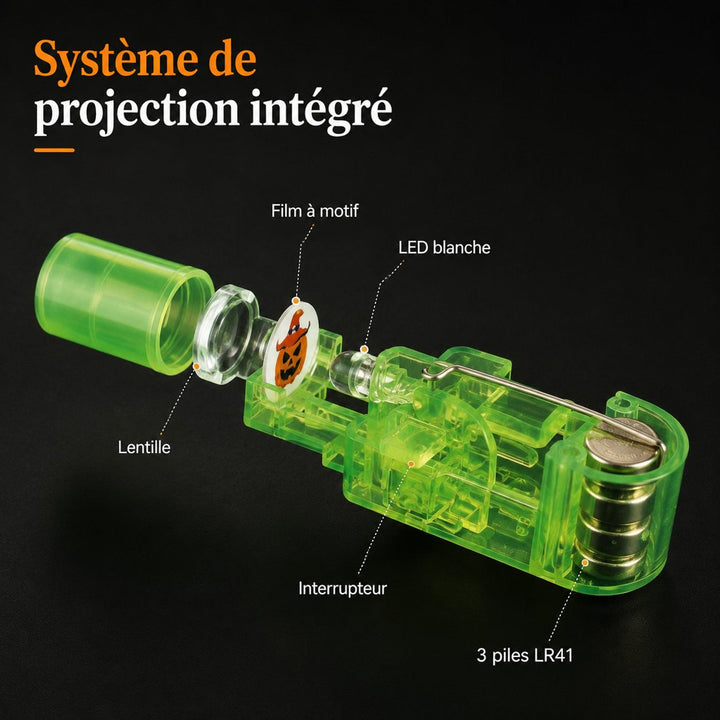 Vue éclatée d'une lampe verte montrant le capuchon, la lentille, le film de motif, la DEL, l'interrupteur et les piles 8