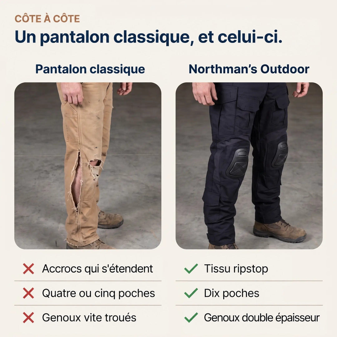 Comparaison côte à côte d'un pantalon de travail beige déchiré au genou et de ce pantalon noir intact avec genouillères. 6