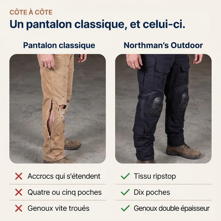 Comparaison côte à côte d'un pantalon de travail beige déchiré au genou et de ce pantalon noir intact avec genouillères. 6