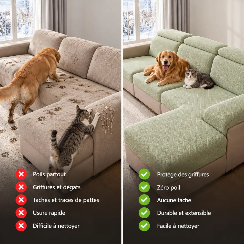 Comparatif avant et après : canapé abîmé par chien et chat, puis protégé par housses vert clair 2