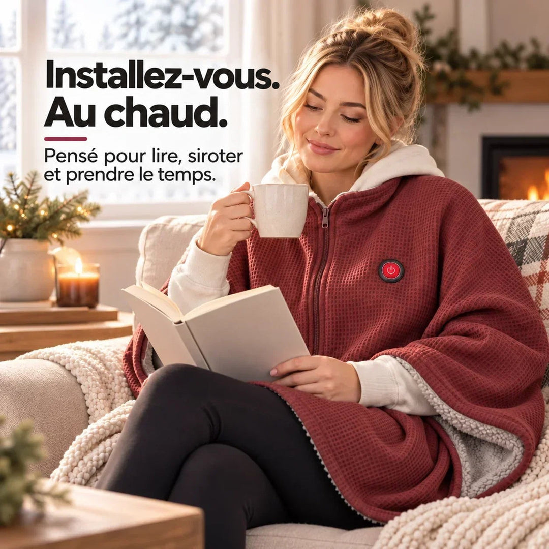 Femme lisant et buvant dans un salon cosy près d'une cheminée, vêtue du poncho rouge à capuche 10