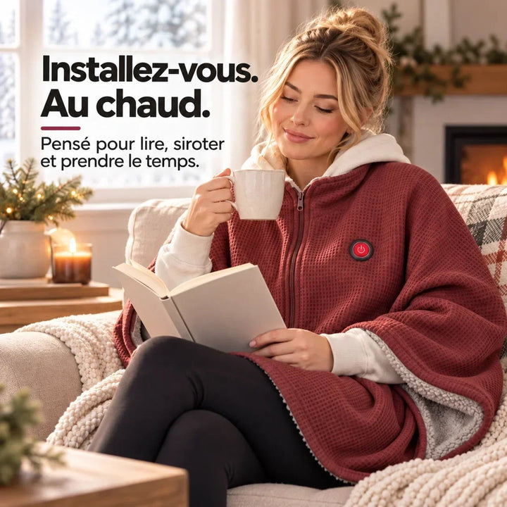 Femme lisant et buvant dans un salon cosy près d'une cheminée, vêtue du poncho rouge à capuche 10