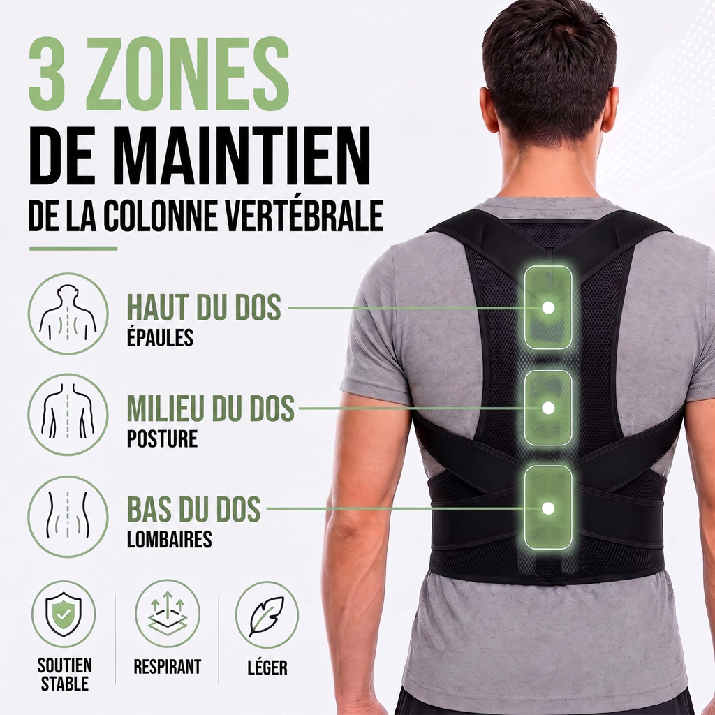 Homme de dos portant le correcteur noir, avec trois zones de soutien surlignées sur le haut du dos, le milieu et les lombaires. 6