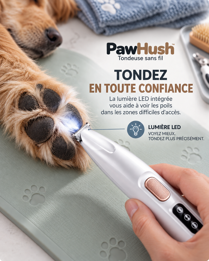 Tondeuse tenue en main, lumière LED allumée éclairant la patte d'un chien posée sur un tapis vert 7