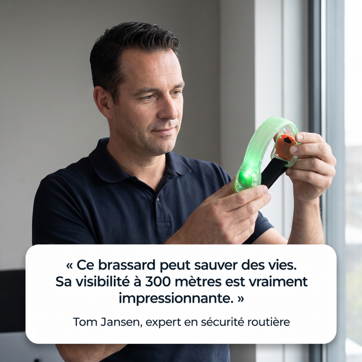Homme en polo observant le brassard lumineux vert qu'il tient entre ses mains 7