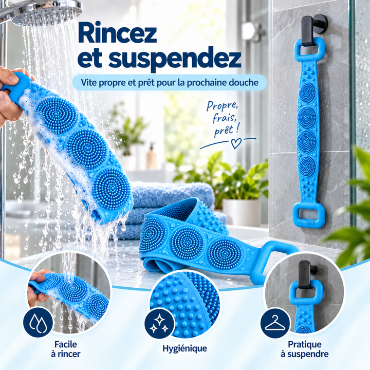 Bande bleue rincée sous la douche, posée sur le plan et suspendue à un crochet par sa poignée 4
