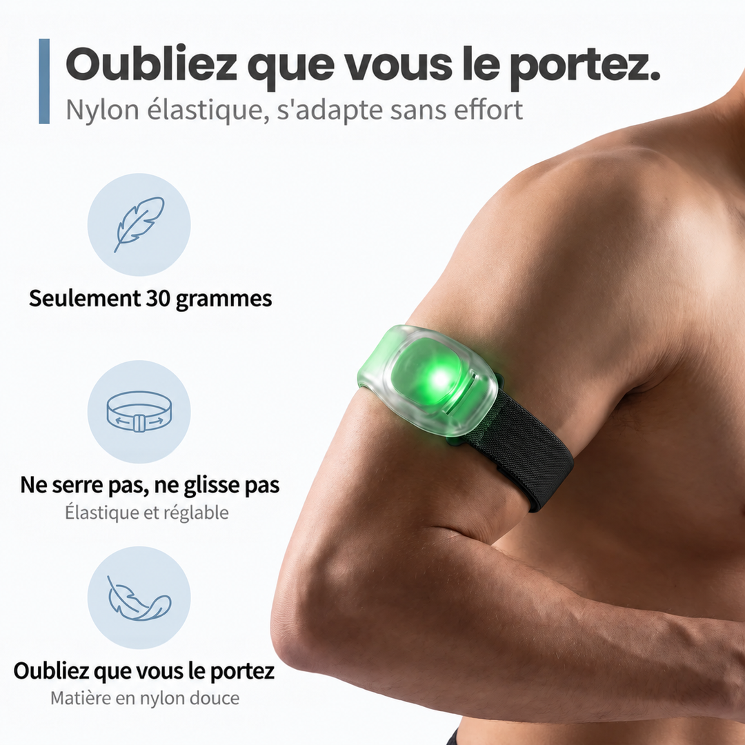 Brassard lumineux vert porté sur le haut du bras, sangle élastique noire ajustable 4