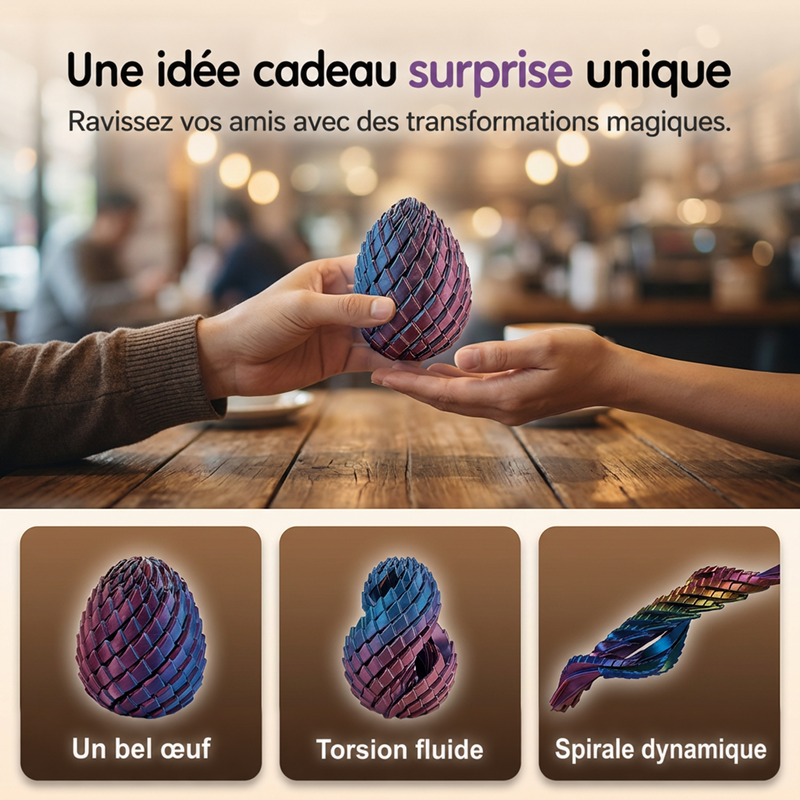 Remise de l'œuf d'une main à l'autre sur une table de café, avec trois vignettes : œuf, torsion et spirale. 7