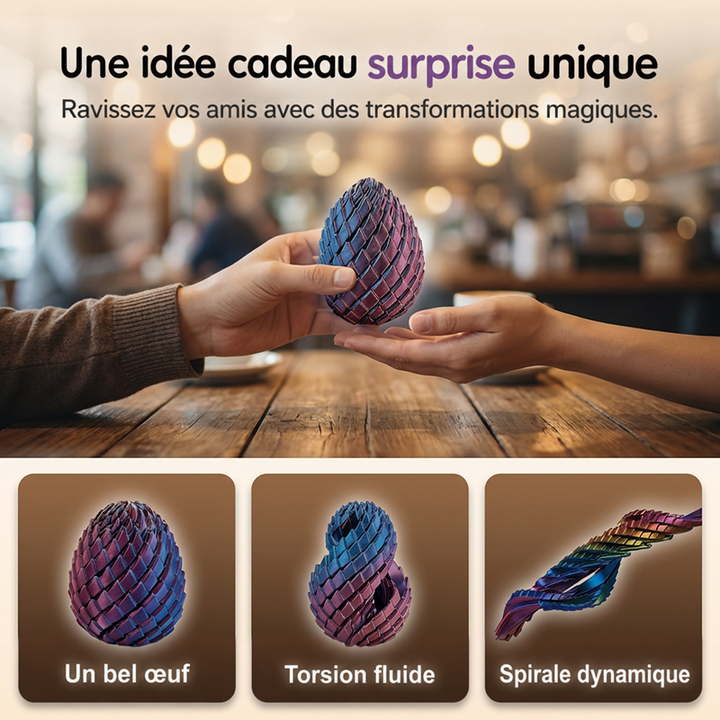 Remise de l'œuf d'une main à l'autre sur une table de café, avec trois vignettes : œuf, torsion et spirale. 7