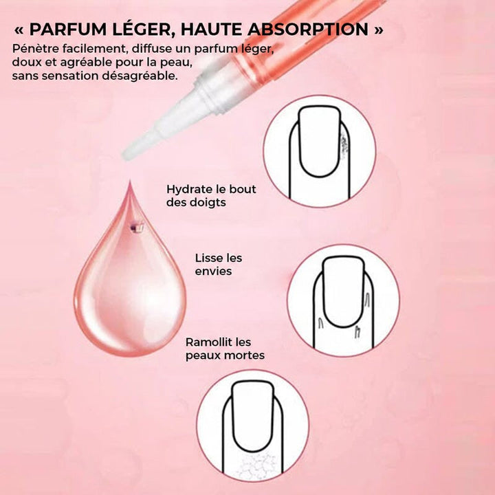 Stylo versant une goutte rose, avec trois schémas d'ongles illustrant les effets sur les cuticules 8