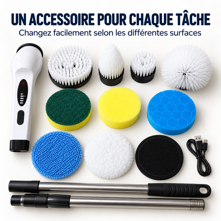 Tous les accessoires à plat : poignée, manches, têtes de brosse, éponges, patins et câble de charge USB 2