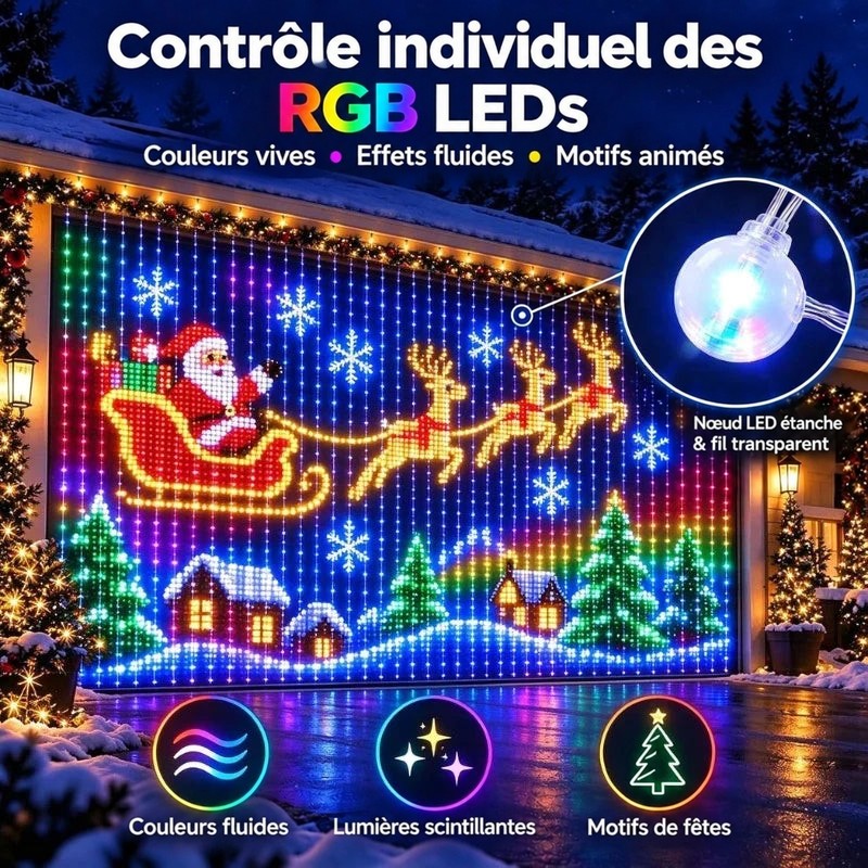 Rideau de LED RVB sur façade de garage, traîneau du Père Noël et gros plan sur une LED 4